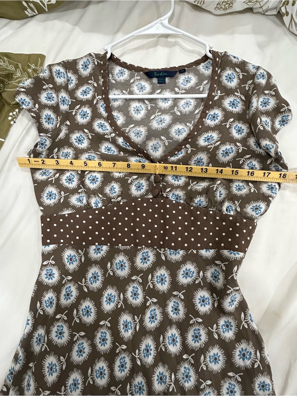 Boden Floral Print Fit & Flare Dress Brown Blue Short Sleeve Size 14R